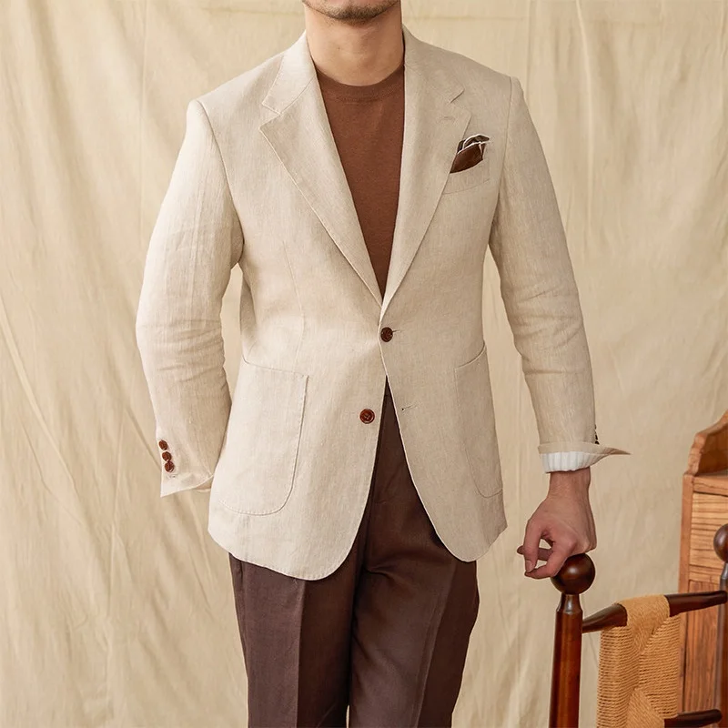 New Lightweight Casual Pure Linen Suit Jacket Men Breathable Vintage-Inspired Commuter Style Summer Wedding Banquet Formal Wear