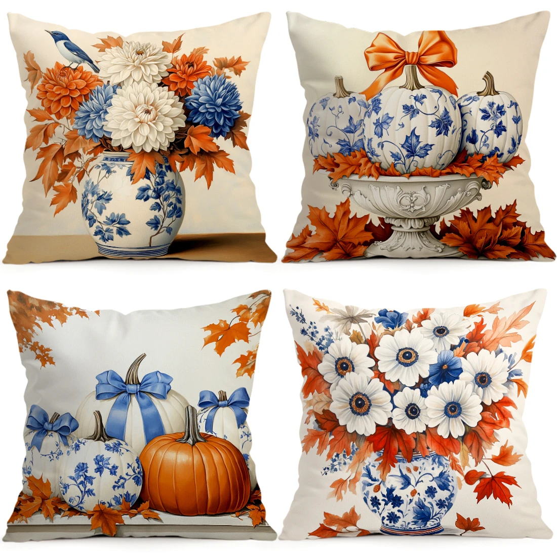 Autumn Blue White Porcelain Flowers Cushions Pillowcase Polyester Cushion Cover Throw Pillow Pillowcover Home Car Sofa Decor