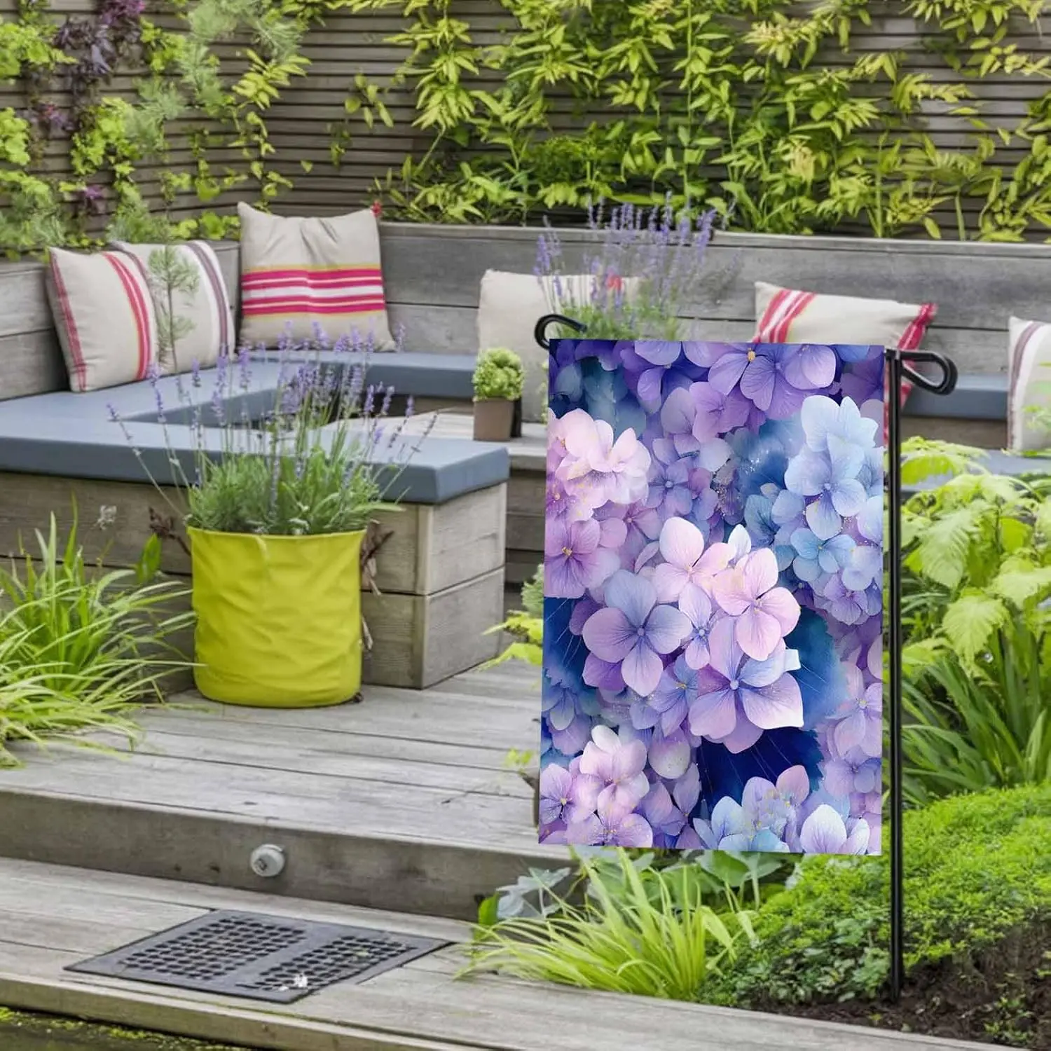 Pink Purple Flower Garden Flag for Outside, Hydrangea Leaf Gradient Watercolor Plant 12x18 Inch Double Sided, Weatherproof Y AAS