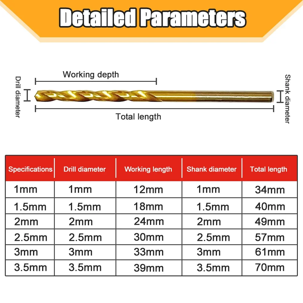 10/50Pcs High Speed Steel Twist Drill Bit Professional Titanium Coated Drill Bit Tools Quality Power Tools 1/1.5/2/2.5/3/3.5mm