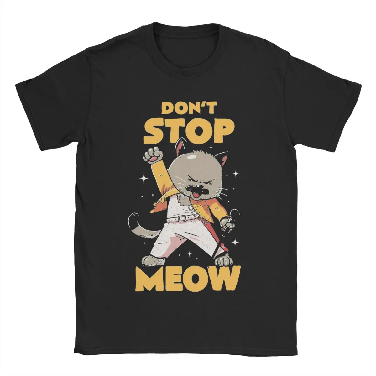 Camiseta de algodón puro para hombre, camisa de manga corta con cuello redondo, ropa de regalo, Meow Singing Don't Stop, Cat Rock Band