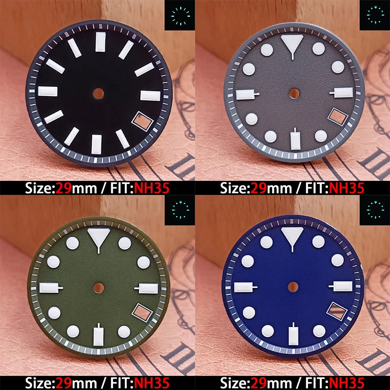 Das hochwertige 29-mm-Zifferblatt mit grün leuchtendem Kalenderzifferblatt eignet sich zum Austausch des Zifferblattes der NH35-Uhrwerk-Armbanduhr.