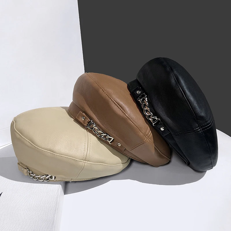 Women Fashion Vintage Elegant Metal Chain Leather Octagonal Beret Ladies Vintage Solid Colours Beret Caps