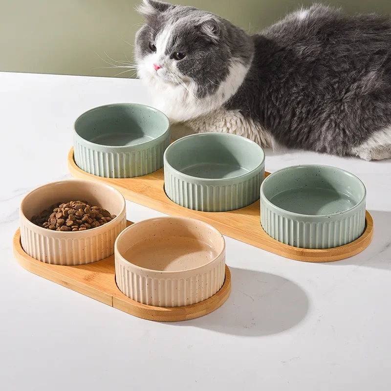 850ml Dogs Ceramic Bowl Double Triple Cat Food Water Bowls with Wooden Pallets Nordic Pet Drinking Eating Feeding Feeders