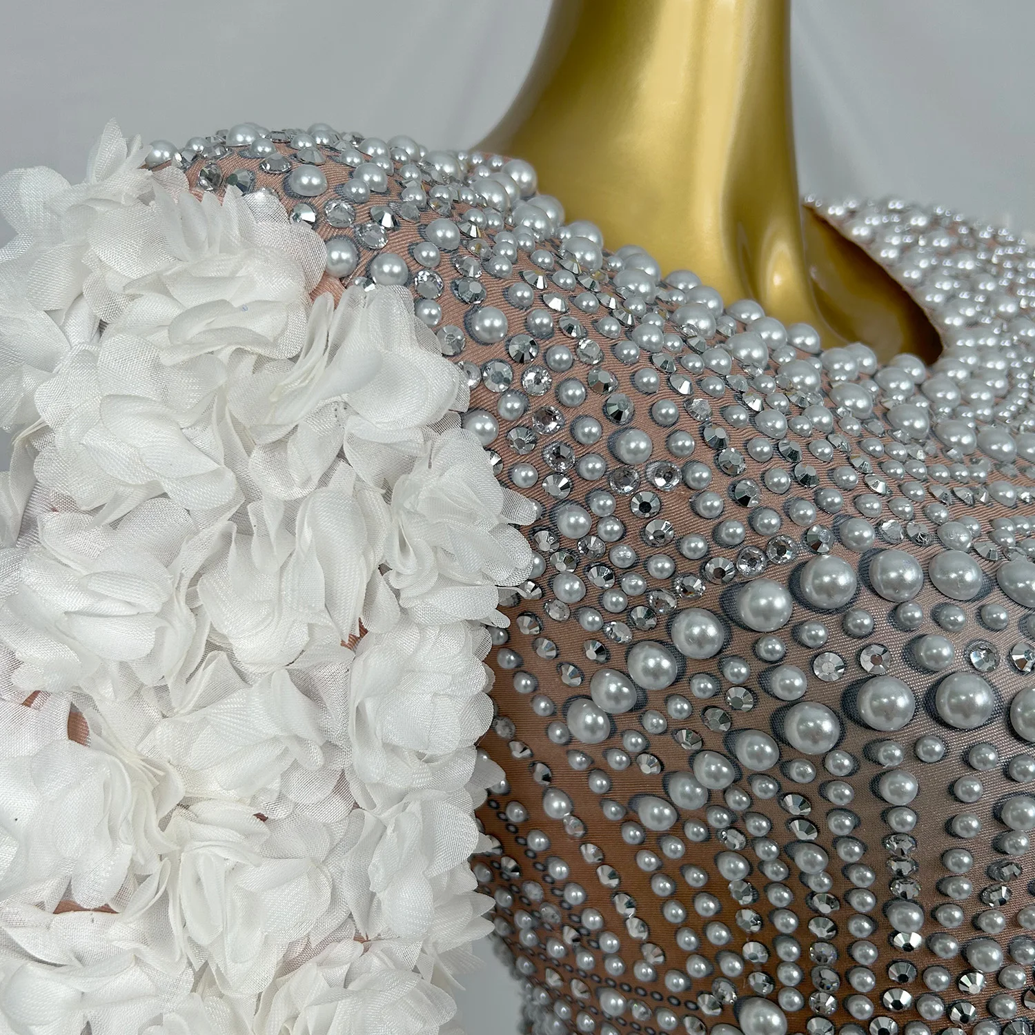 Baihuaxiu Sparkly Luxury Pearls Bodysuit Women Sexy Rhinestone Flowers Stage Singer Outfit Nightclub Performance Dance Costume