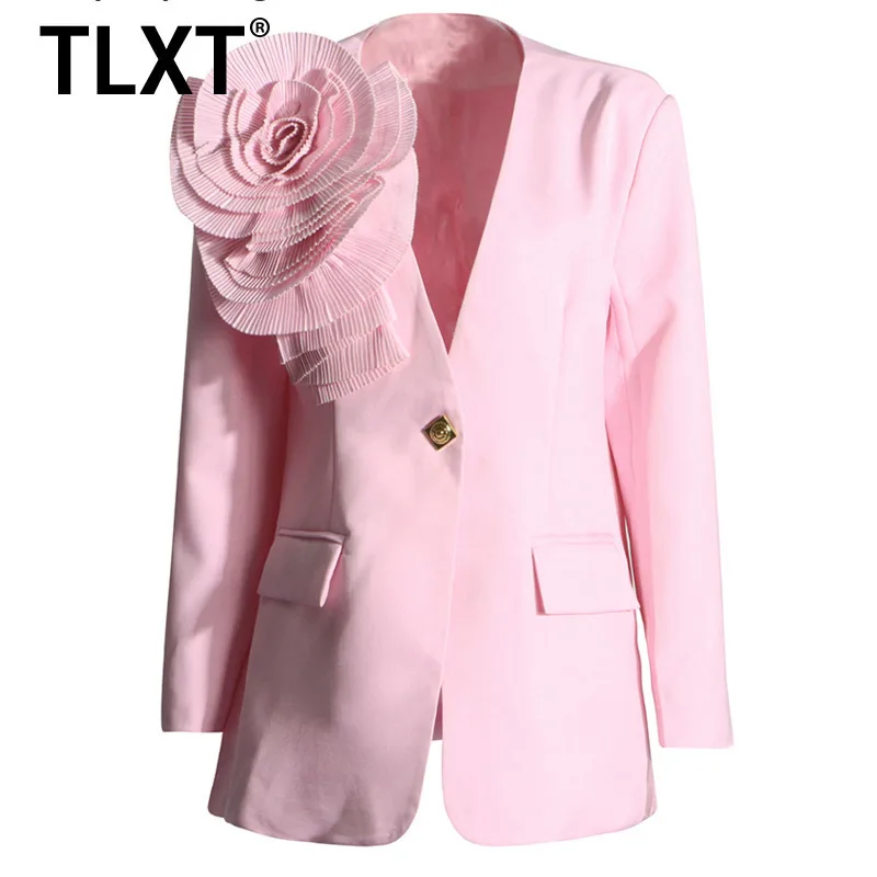 

TLXT Solid Patchwork Appliques Blazers For Women V Neck Long Sleeve Spliced Pockets Casual Loose Blazer Female Fashion XK906
