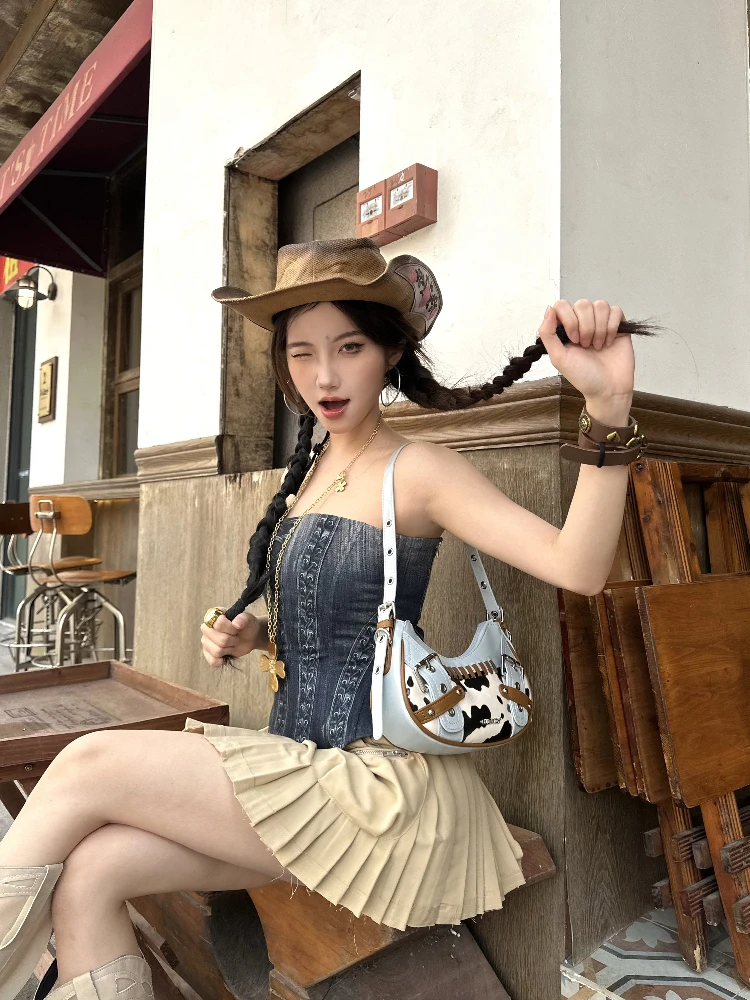 2025 New Original Niche Versatile Retro Contrasting Color Splicing Cow Pattern Single Shoulder Crossbody Armpit Bag Summer