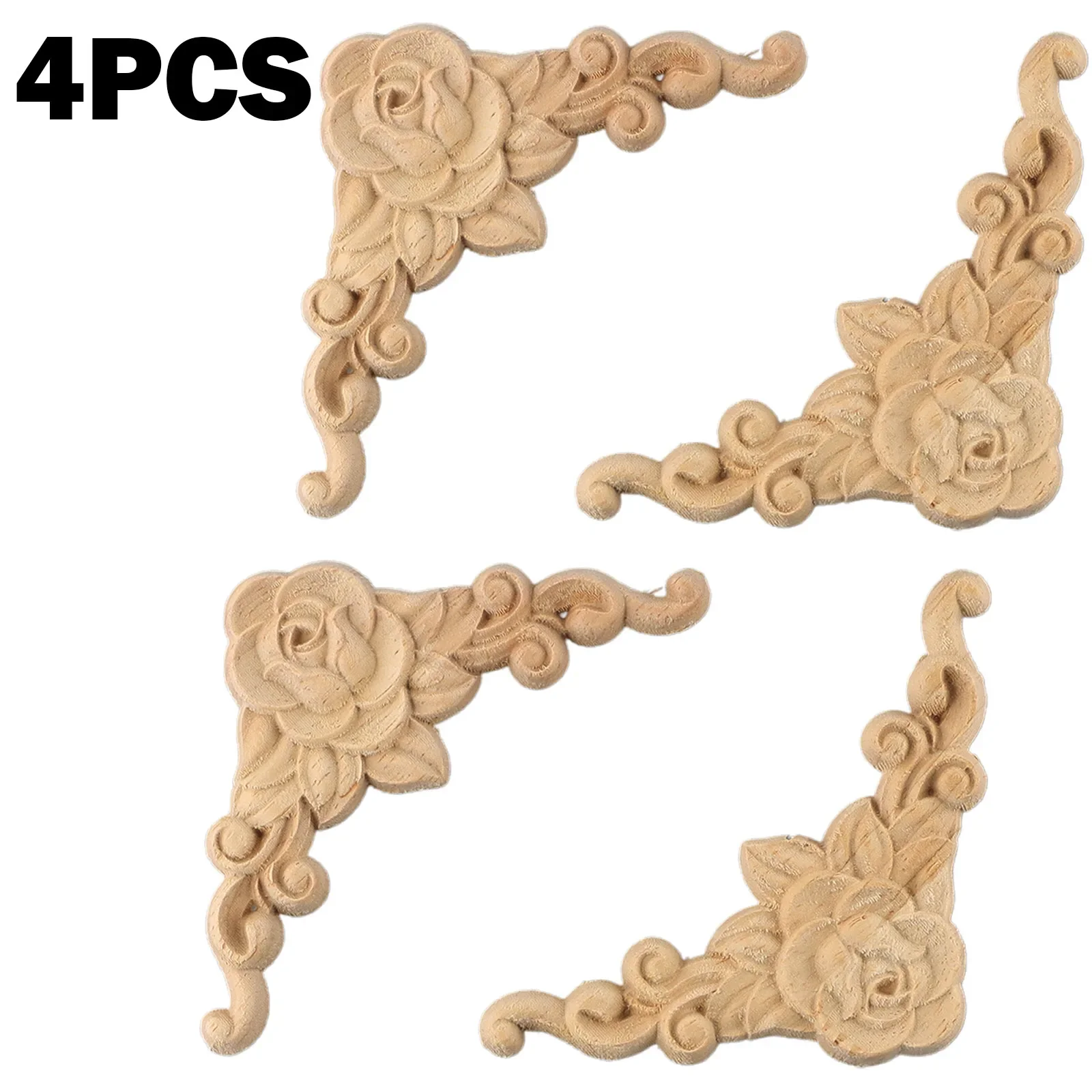 4Pcs Natural Floral Wooden Figurines Crafts Wood Carved Corner Appliques Frame Wall Door Furniture Woodcarving Home Decor 8x8cm