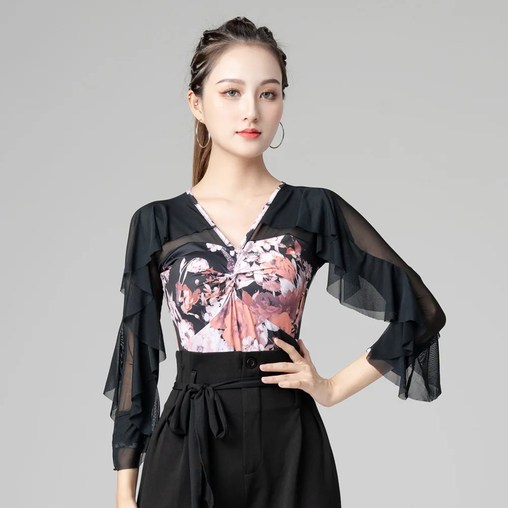 

Топ с принтом для латиноамериканских танцев, женские сексуальные топы для танцев, бальная комната, чаша, Самба, тренировочная одежда, одежда для вальса, сценического танца, Одежда для танцев, рубашка