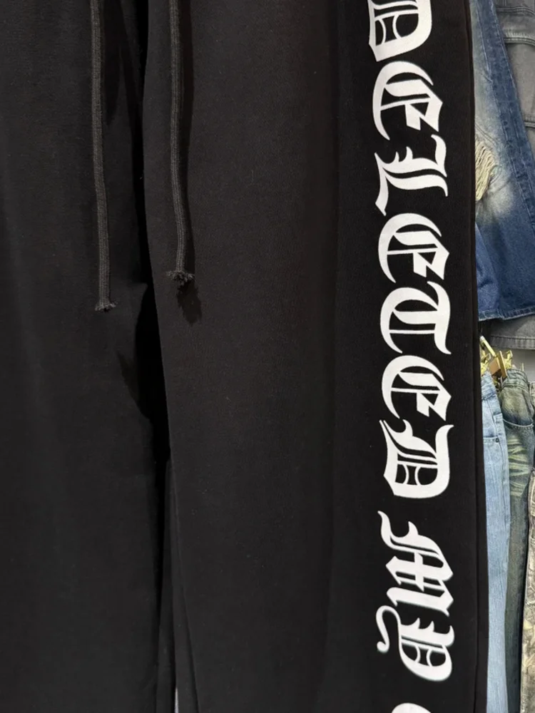 

American Gothic Font Print Wide Leg Pants Spor Youthful Trend Cotton Sweatpants Loose Fit Dstring Casual Sle