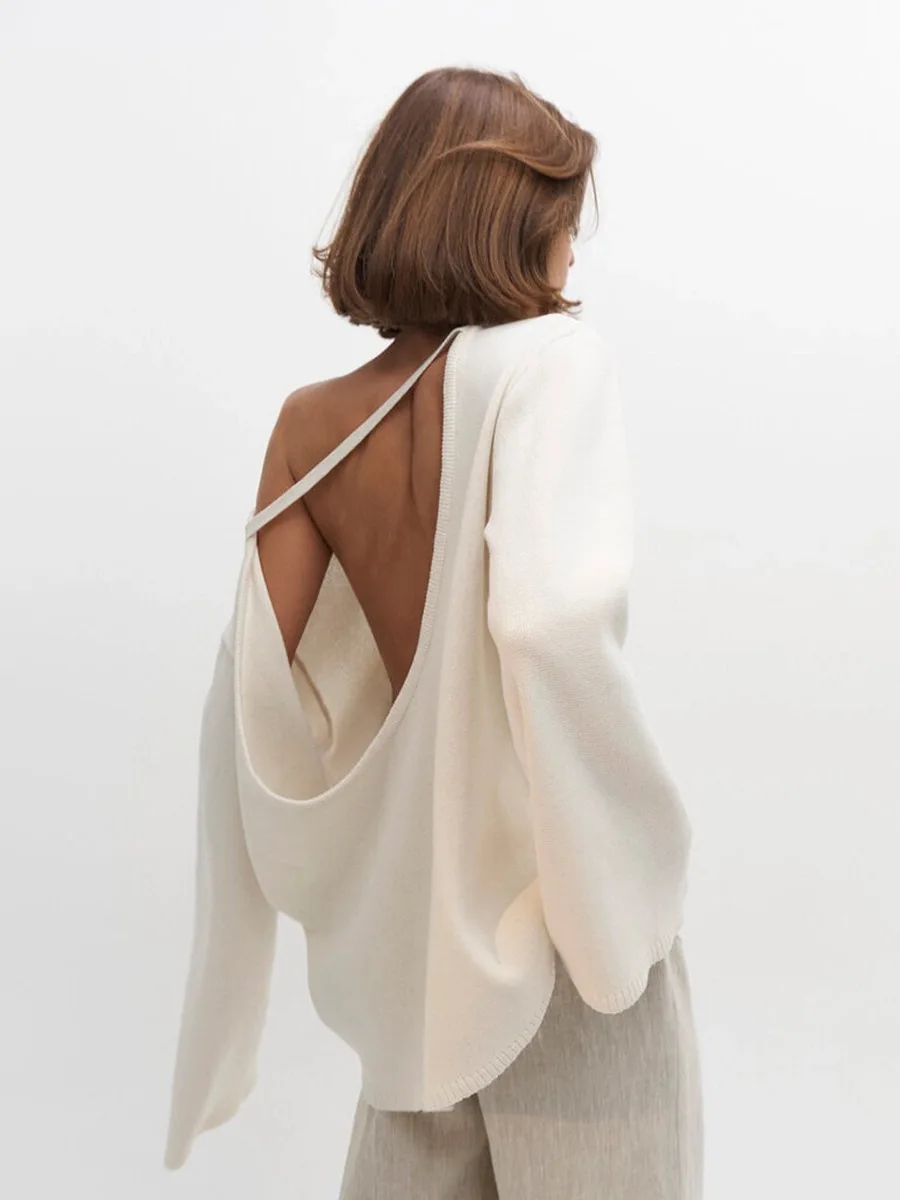 

Original Backless O-neck Cotton Knit Sweater Autumn and Winter Women Simple Loose Soft Warm Elastic Daily Office Casual Sweater