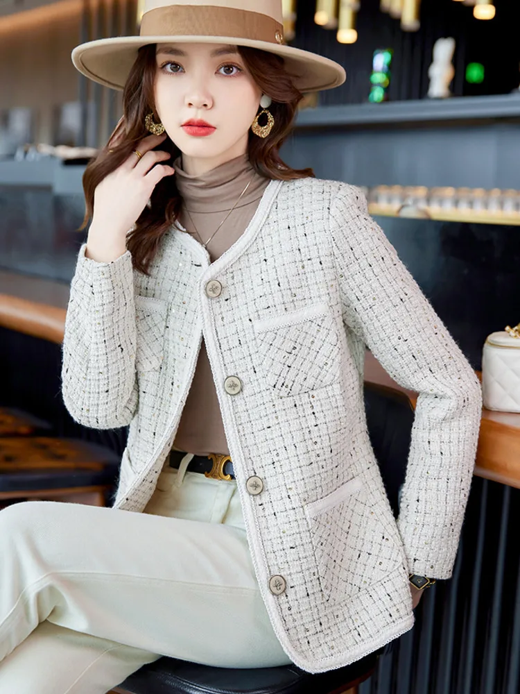 High Quality Autumn Winter Elegant Tweed Blazer Jacket Coat Women Long Sleeve O-neck Korean Fashion OL Woolen Outwear 4XL