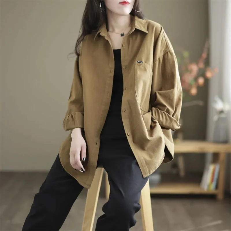 Solid Color Women Twill Cotton Shirt Jacket Large Size Female Long Sleeved Blouse Tops Coat Ladies Loose Fitting Cotton Blousees