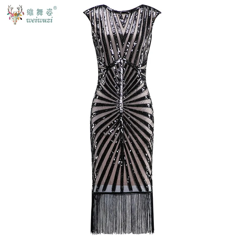 レトロスタイルラウンドネックノースリーブスタッズスパンコールストライプドレスセクシーでエレガントな背中の開いたタイトなフリンジダンスイブニングドレス