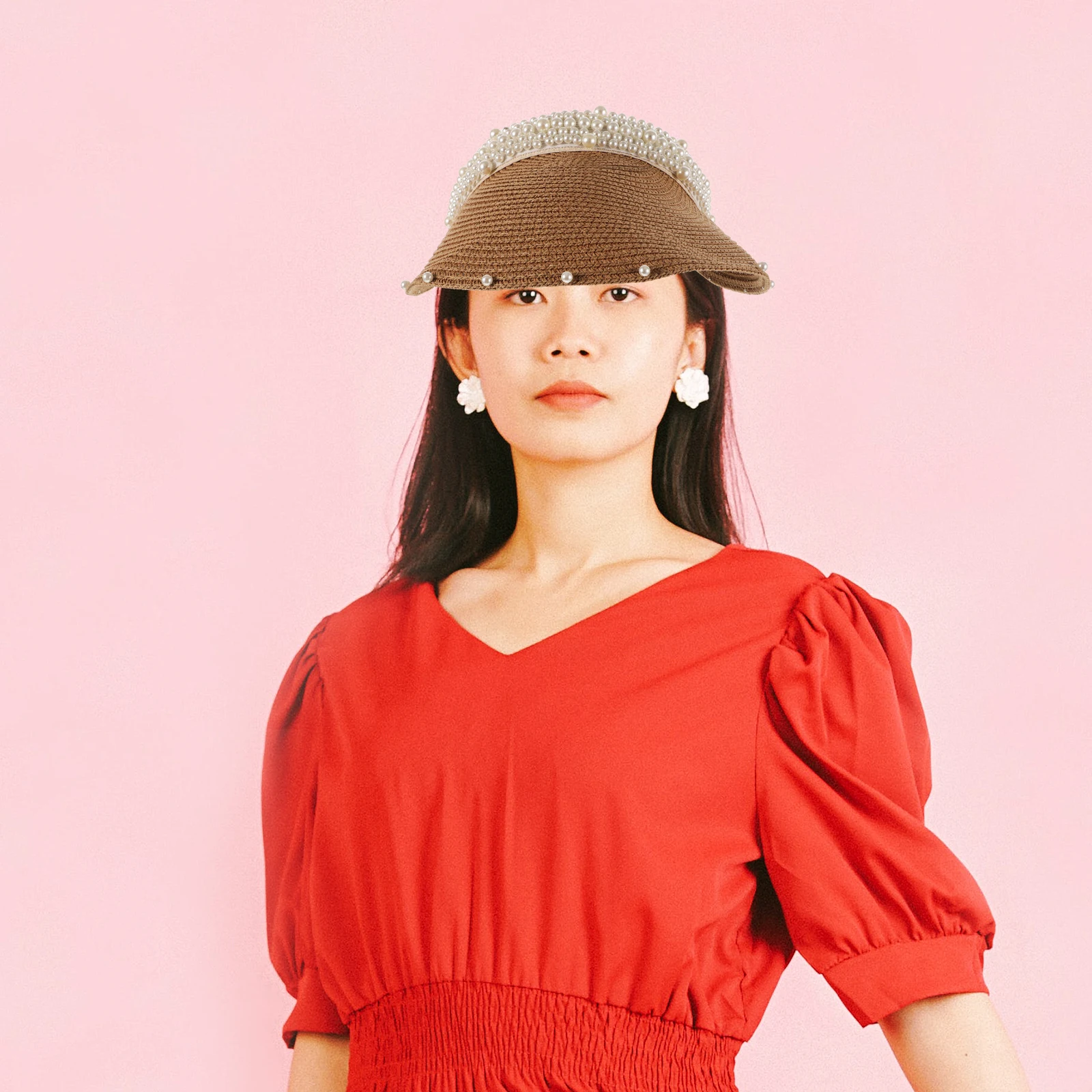

Summer Beach Hat Visor Pearl Straw Woman Girl Outdoor Pool Garden Uv Protection Coffee Woman Visor Hat 54X58Cm