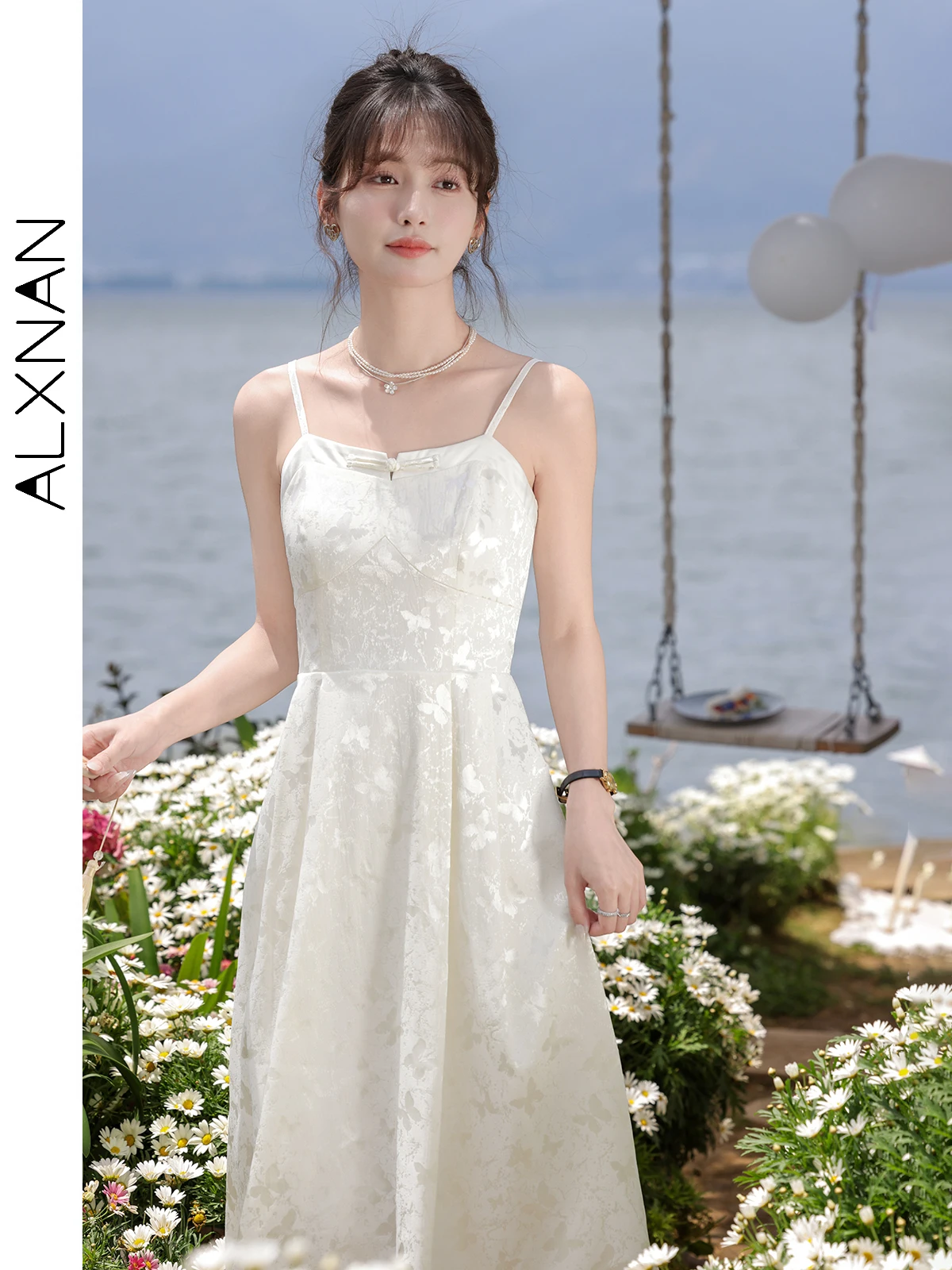 

ALXNAN Strap Printed Dresses for Women 2025 Sleeveless A-line Midi Elegant Dress Holiday Beach New Female Clothing L37703