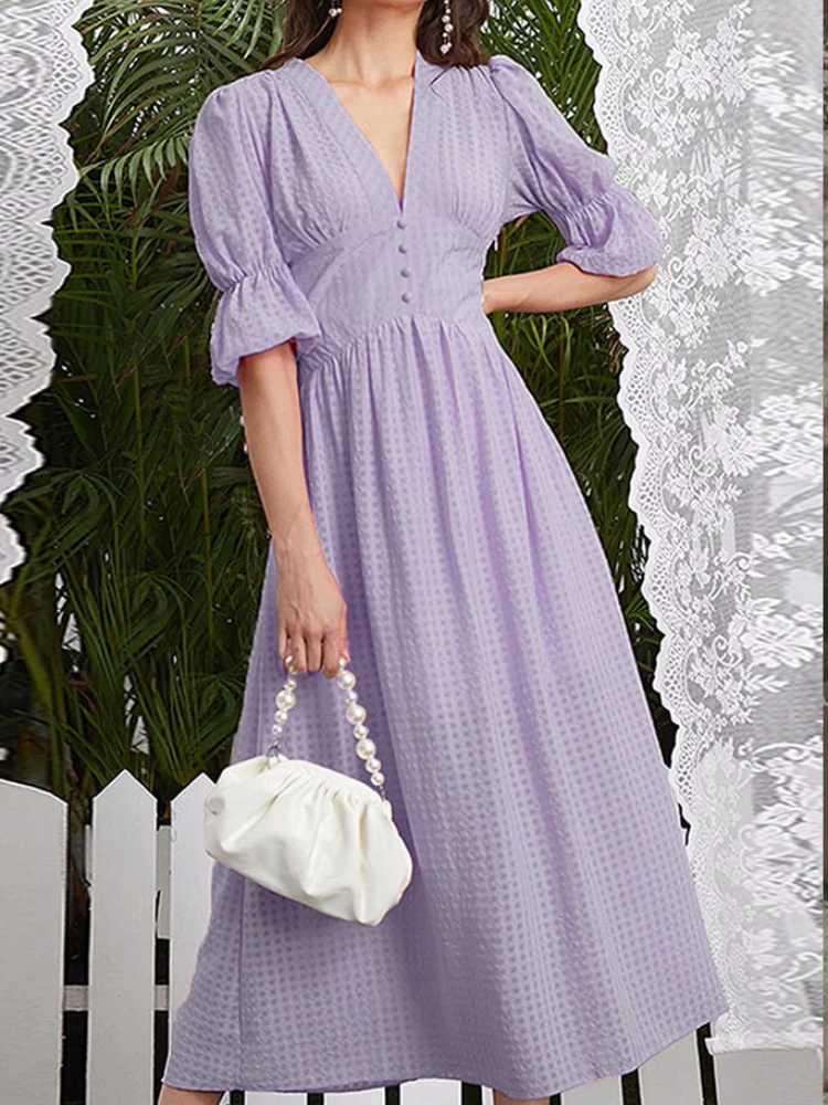 

Summer Dresses for Woman 2023 New Fashion Elegance Loose Lantern Sleeve Sexy Dress Purple Lattice Birthday V-Neck Woman Clothes