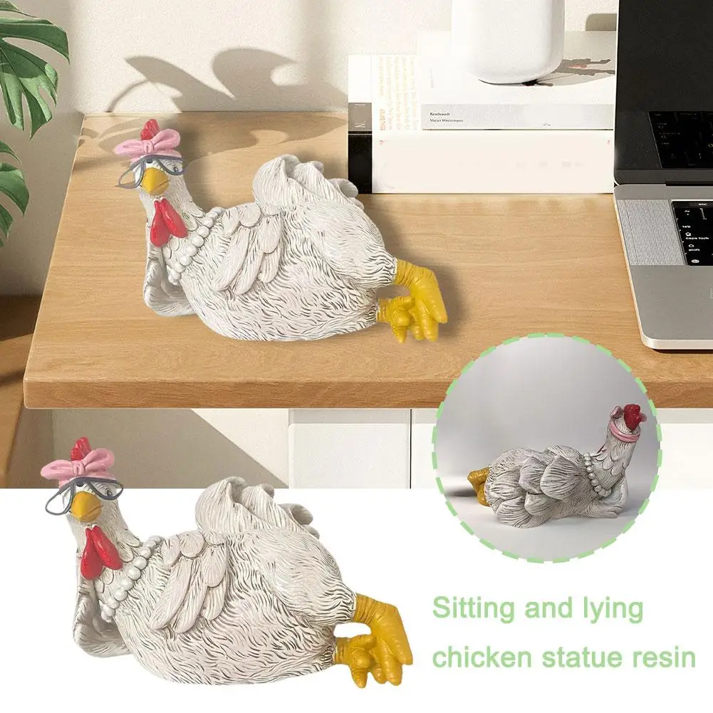 Good Morning Chicken Figurine Resin Sitting Lying Hen Desktop Office Statue Sculpture Ornament Home Decoration Bookshelf W0h8