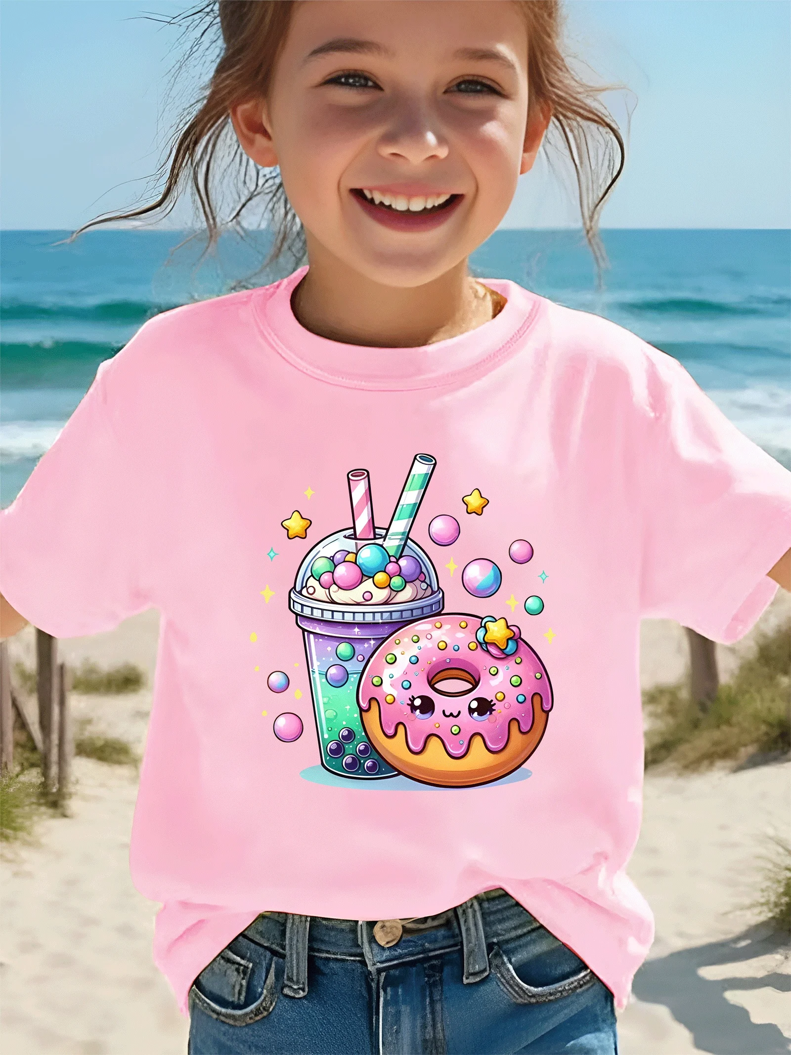 Children Summer Tee White Short Sleeve Milk Tea Donut Stars Print Casual Comfortable T Shirt Boys Girls