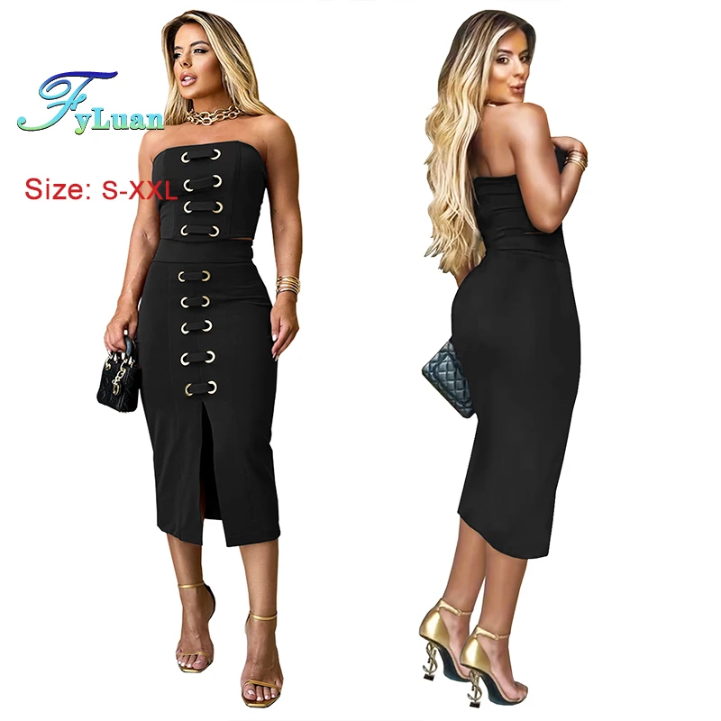 

European style Women's Bodycon Skirt Set Solid Color Strapless Top AndSlit Mid Length Skirt Holiday Birthday Outfit Two Piece Se