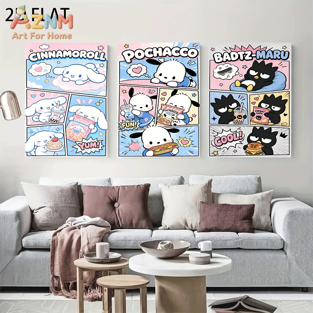 AZNM Cinnamoroll Pochacco Badtz-Maru Canvas Wall Art Unframed Cute Comic Style Print Poster Bubble Tea Burger Cake Food Design f
