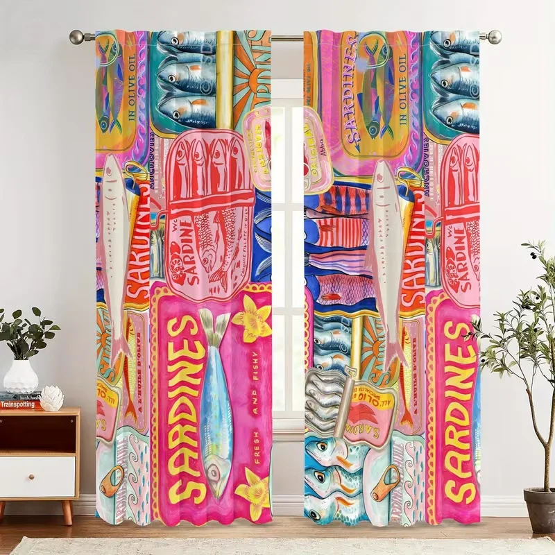 2Pcs Salted fish graffiti print curtains,suitable for bedroom,living room kitchen decoration,home decoration,window decoration