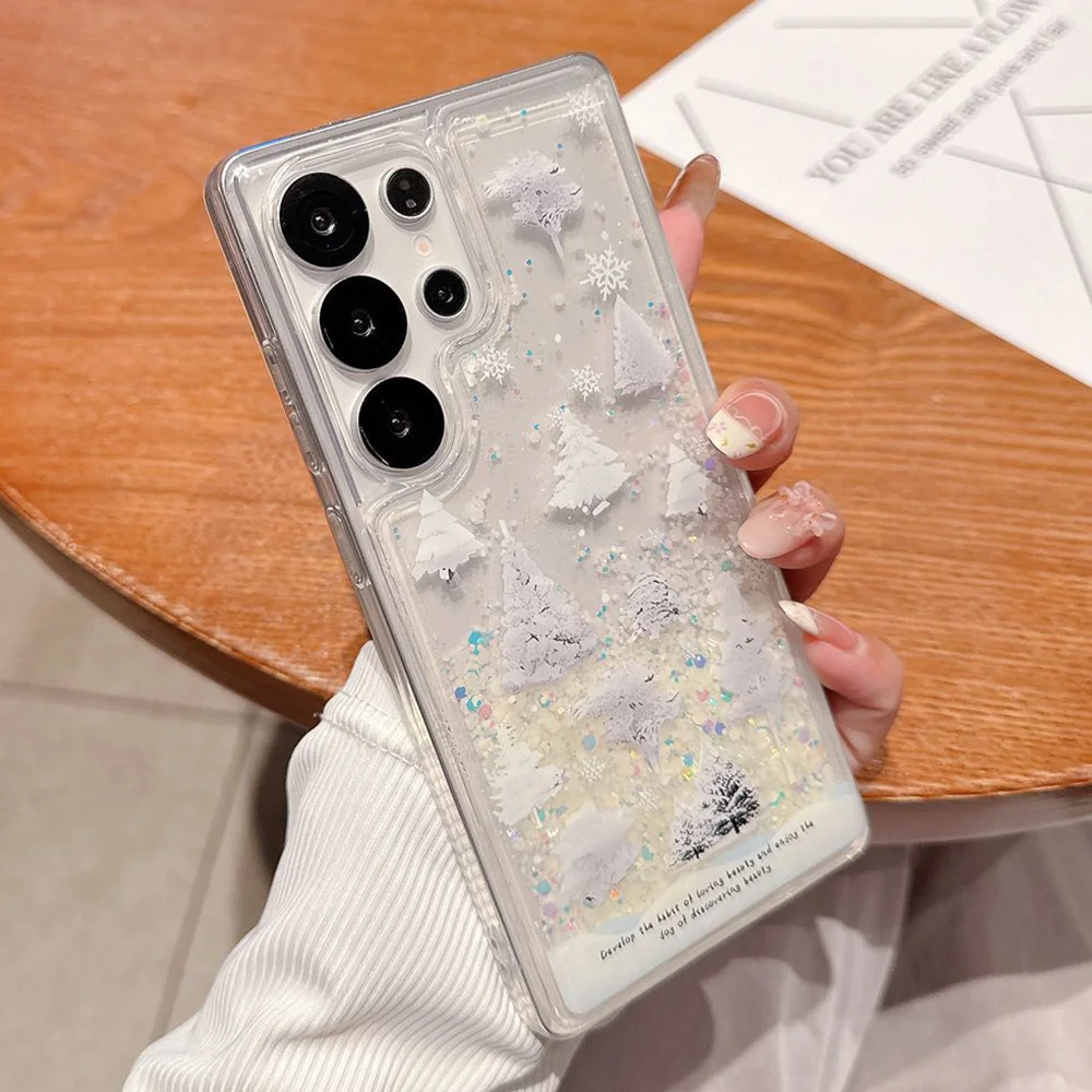 Phone Case For Samsung Galaxy S22 S23 S24 S25 Plus Ultra New INS Quicksand Glitter White Forest Tree Print Clear Potective Cover