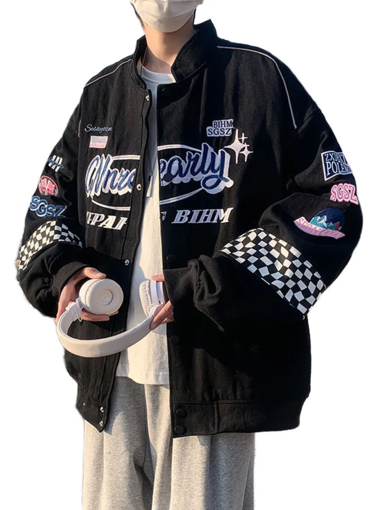 

Y2K Hip Hop Motorcycle Embroidery Racer Jackets Men Women Plaid Vintage Bomber Fashion Streetwear Harajuku Autumn Jackets Coat