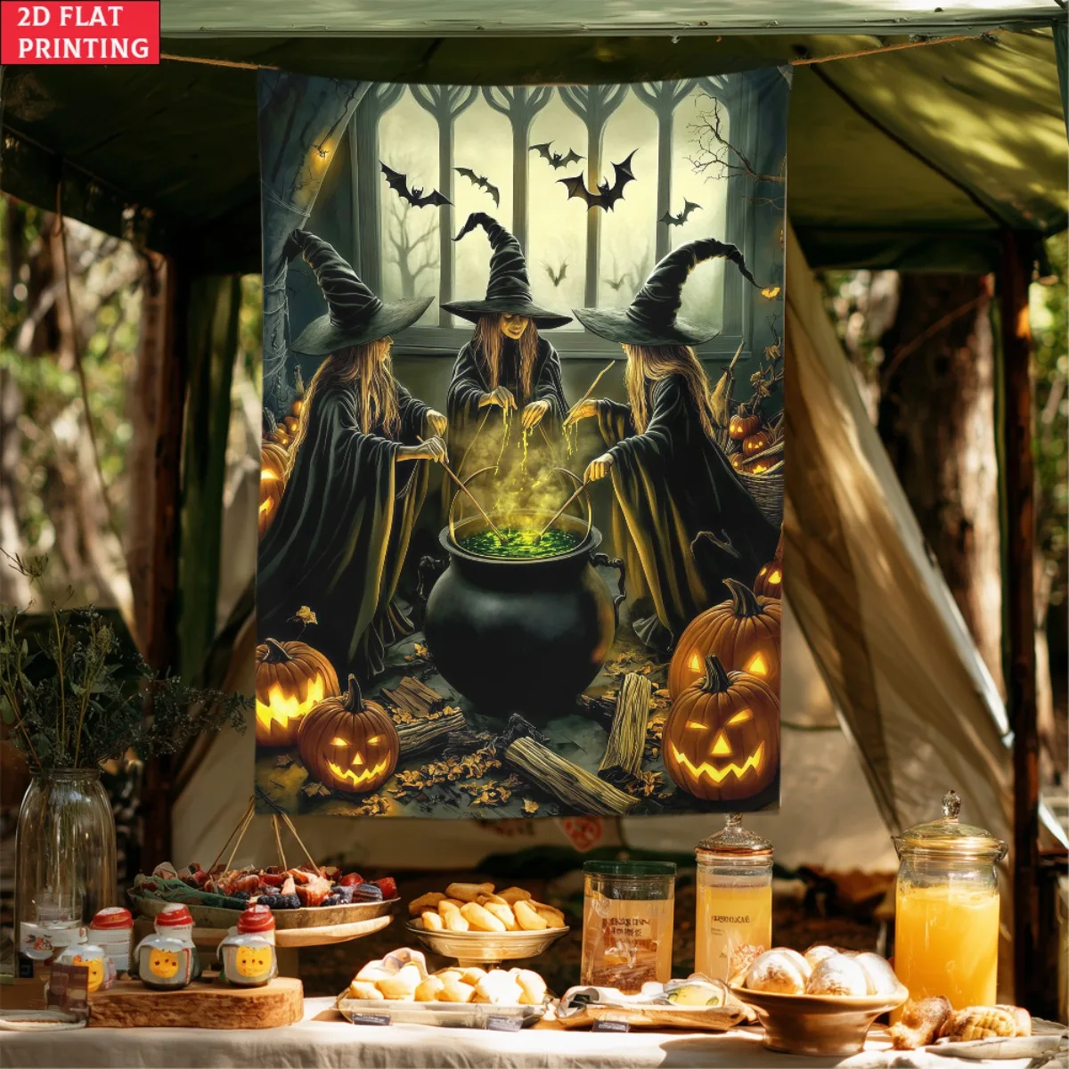 Halloween Witch Cauldron Pumpkin Bats Wall Tapestry Spooky Party Decor 2D Flat Printing