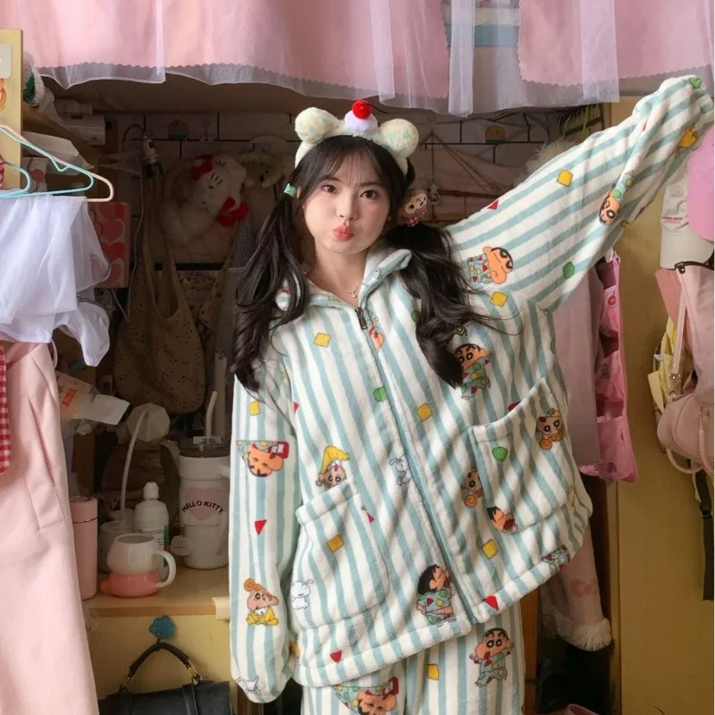 Kawaii Crayon shin-chan pyjamas Anime fille mignon dessin animé hiver épaissir garder au chaud manches longues pantalon découpable maison costume ensemble nouveau
