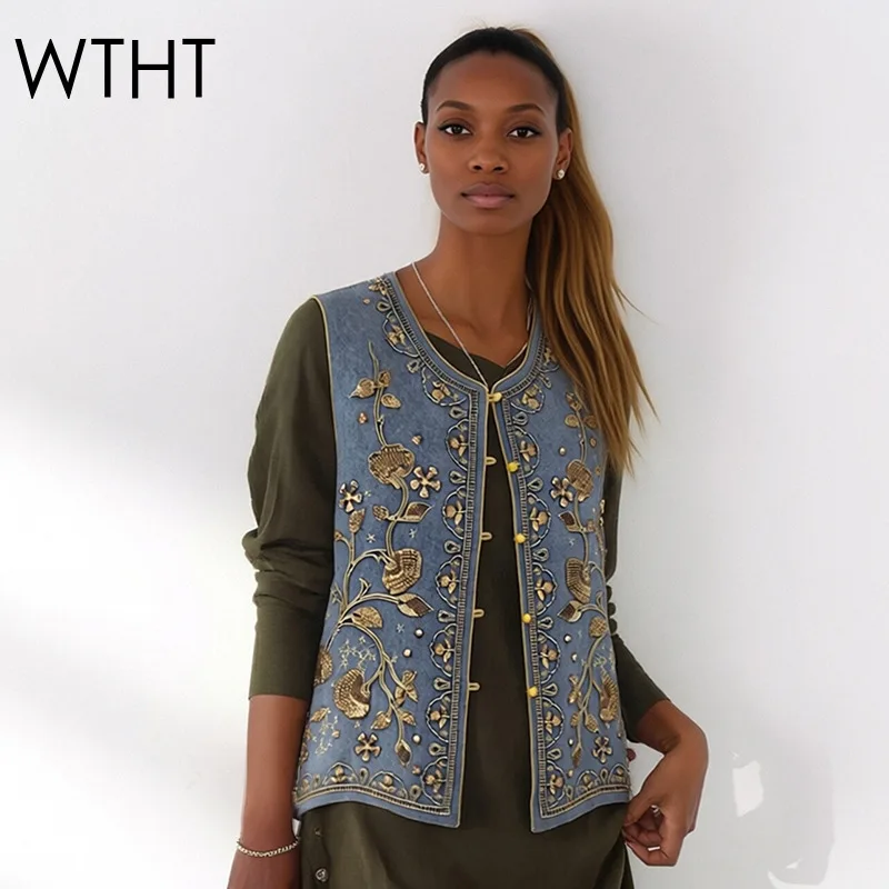 

WTHT 2026 Spring Trendy New Women's Heavy Industry Embroidery Sequins Denim Vest Fashion O-neck Loose Waistcoat Female 1LS2978