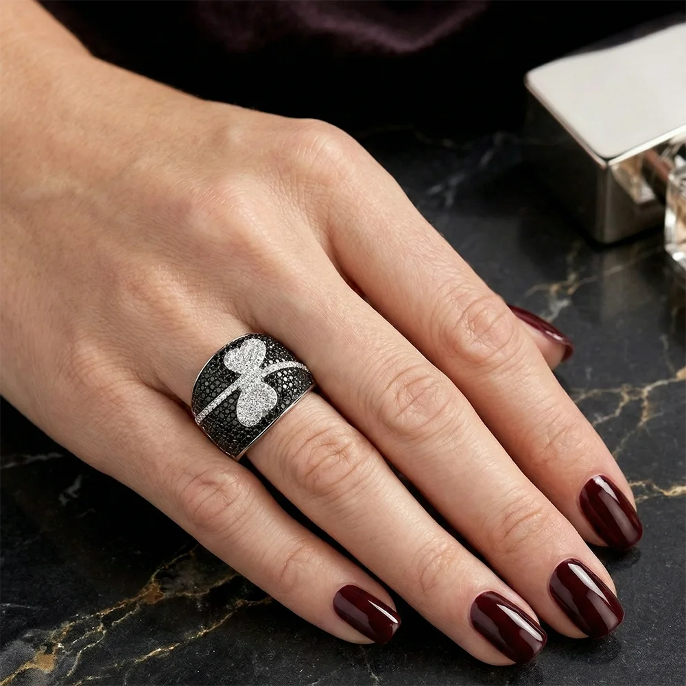 

YLMyself Black Heart Ring Bling Jet & White Zircon Wide Band Romantic Women Jewelry Gift