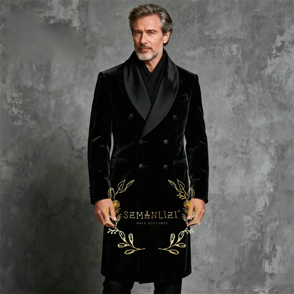 

Fashion Style Men Suit Jacket Slim Fit 1 Piece Shawl Lapel Black Velvet Smoking Long Blazer Double Breasted Wedding Suit