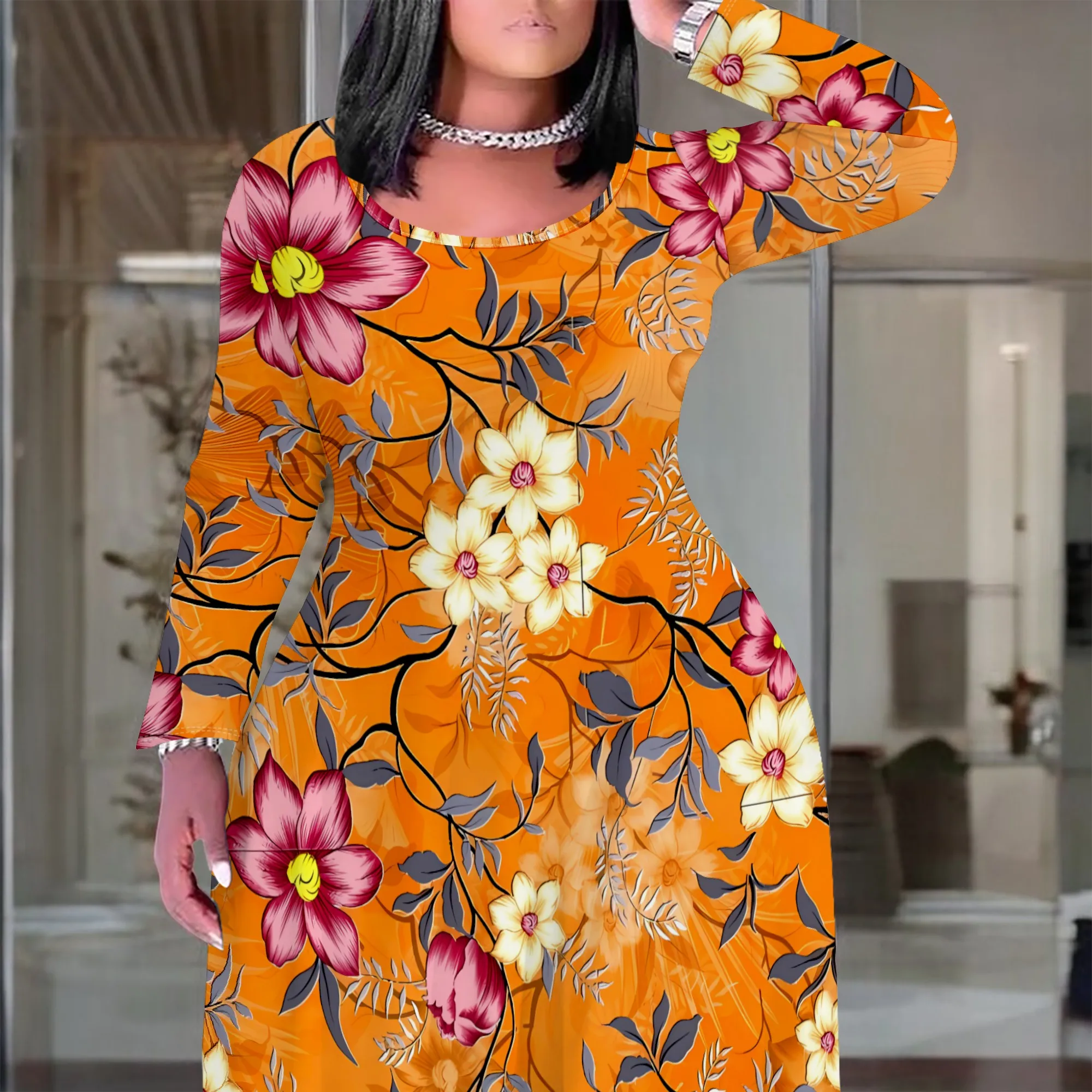 Plus Size Orange Floral Maxi Dress Long Sleeve Tropical Print Casual Beach Outfit