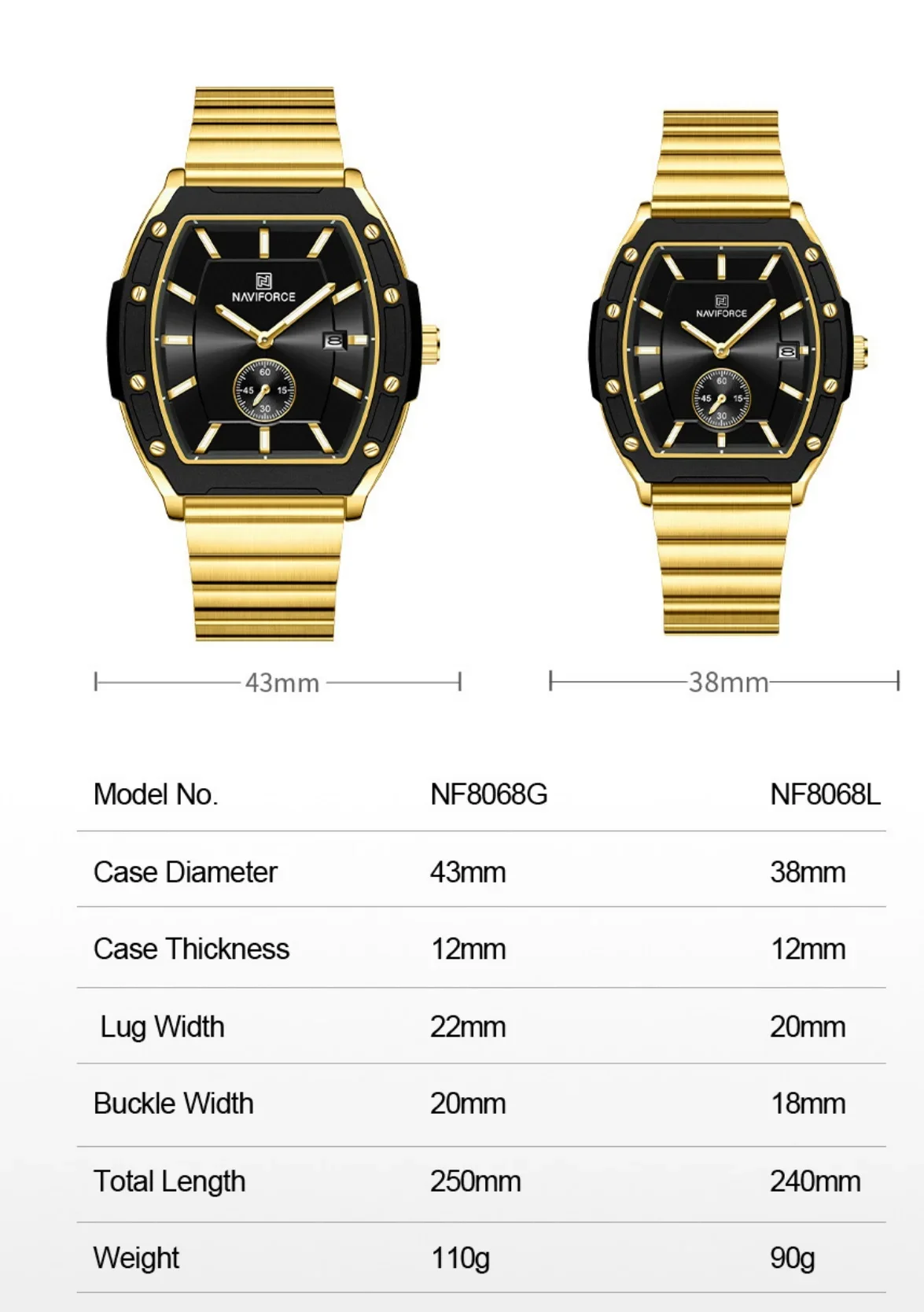 NAVIFORCENF NF8068 Night Light Waterproof Quartz Watches Lovers Casual Original Classic Stainless Steel Strap Couple Clock