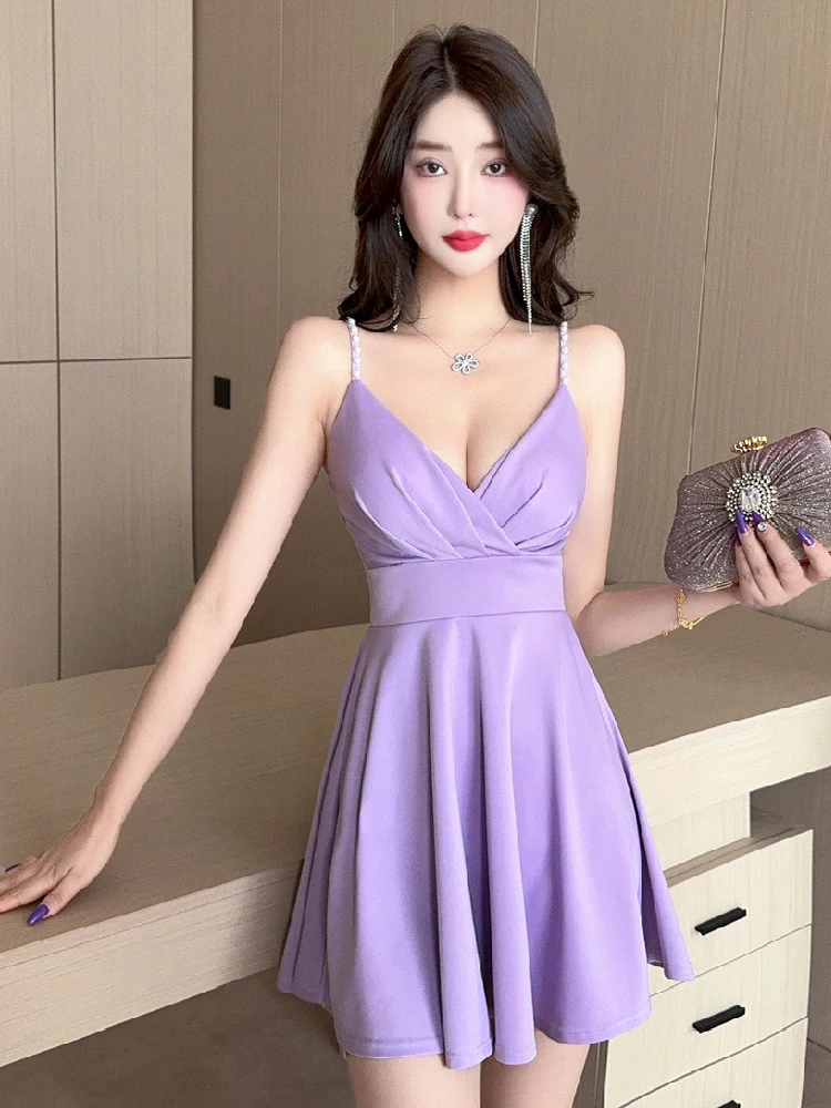 

Sexy Low Cut Strapless Dress High Waist A-Line Skirt No Sleeve Backless Club Bar Elegant Pure Color Nightclub Sexy High Waist...