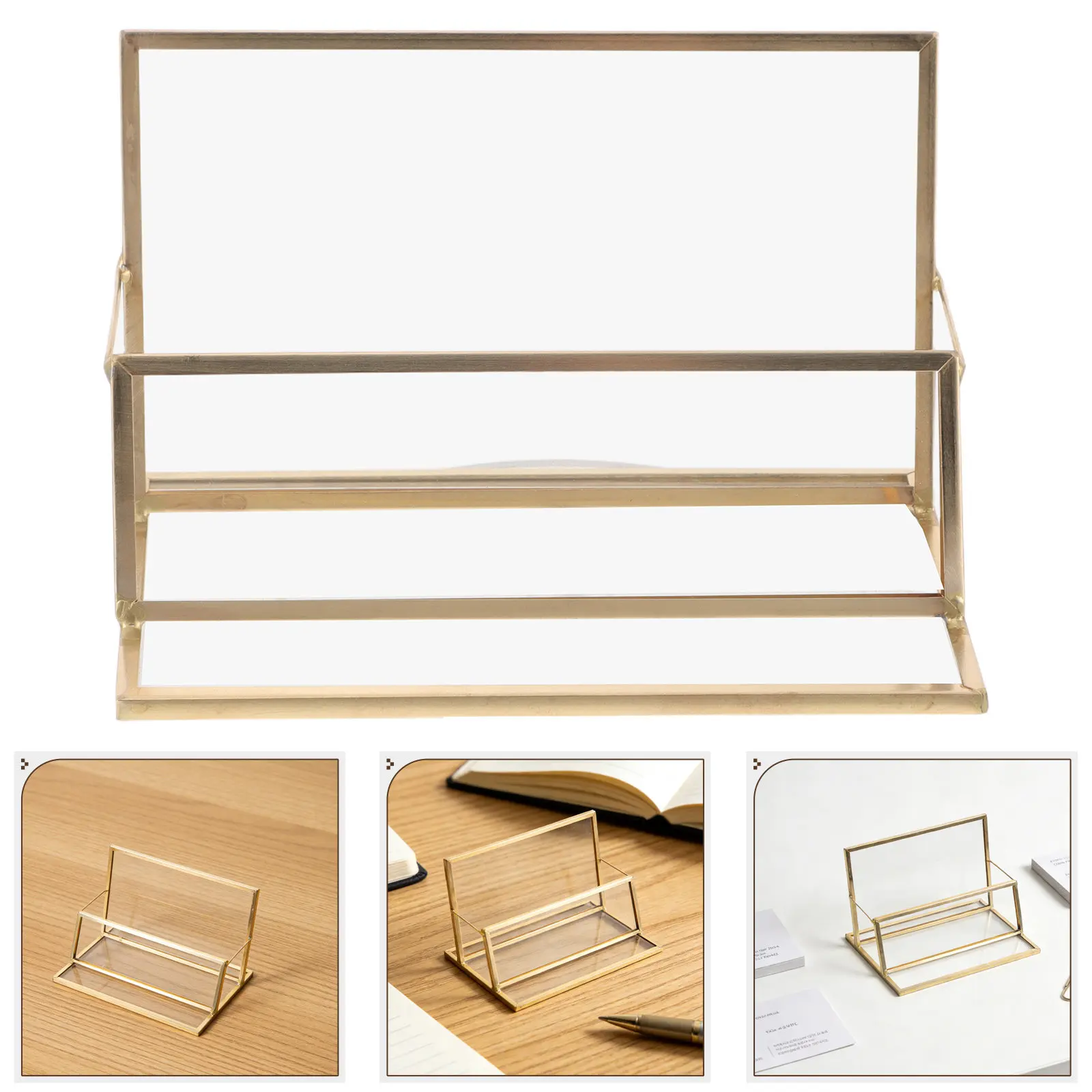 

Modern Vintage Brass Business Card Holder Stand with Glass Display for Office Desk Organization and Professional Use
