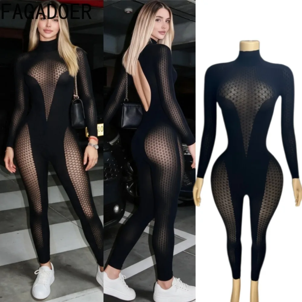 FAGADOER Women Knit Mesh Patchwork Jumpsuit Stretch Bodycon Sheer Solid Color Long Sleeve High Neck Sexy Streetwear Club Outfit