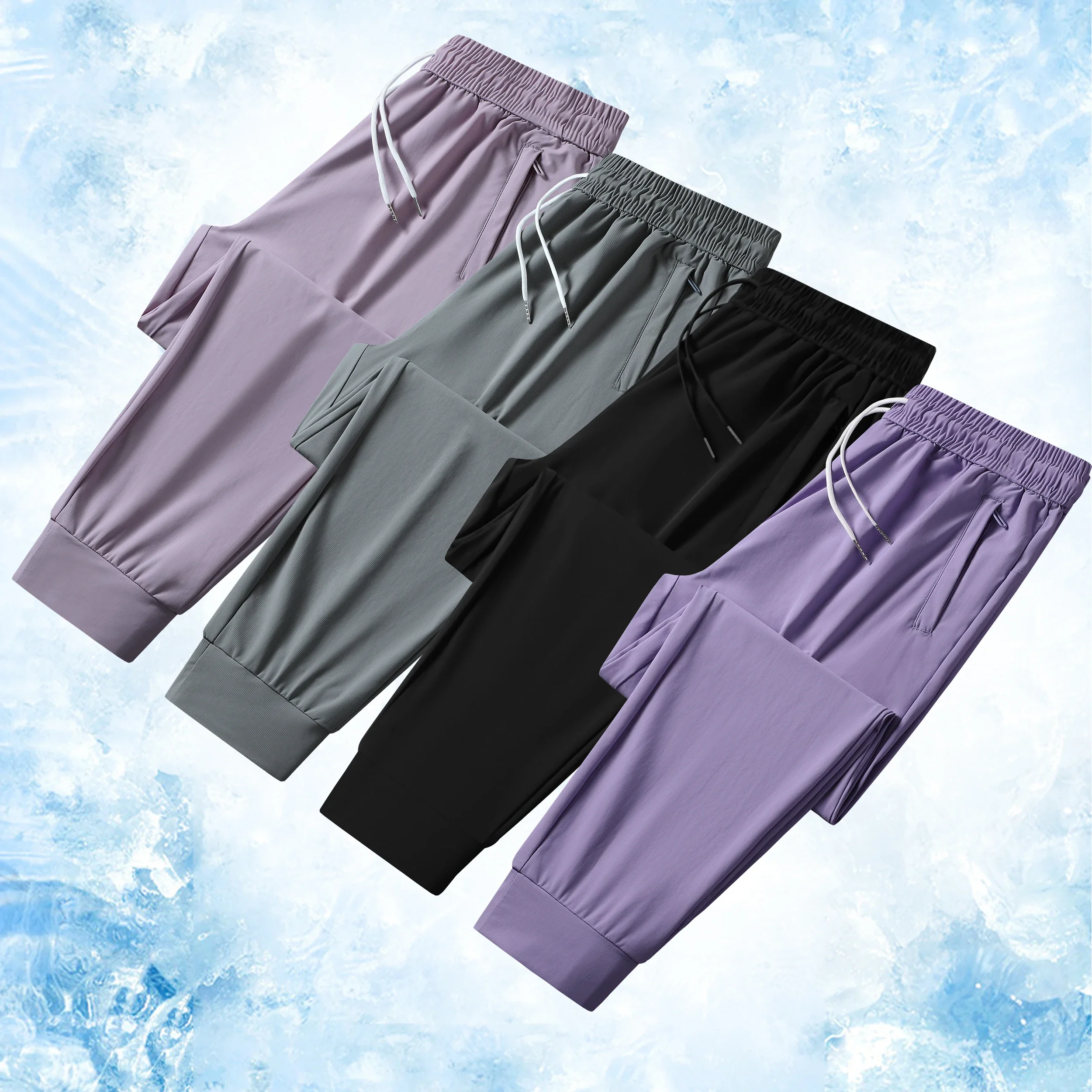 

Спортивные эластичные легкие брюки из ледяного шелка, охлаждающие повседневные мужские прямые свободные спортивные штаны с эластичной резинкой на талии, быстросохнущие брюки