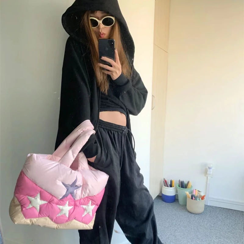 Pink Cute Star Splicing Down Bag Tote Bag Women\'s Large Capacity Winter New Star Splicing Hand Bill Shoulder Underarm Bag