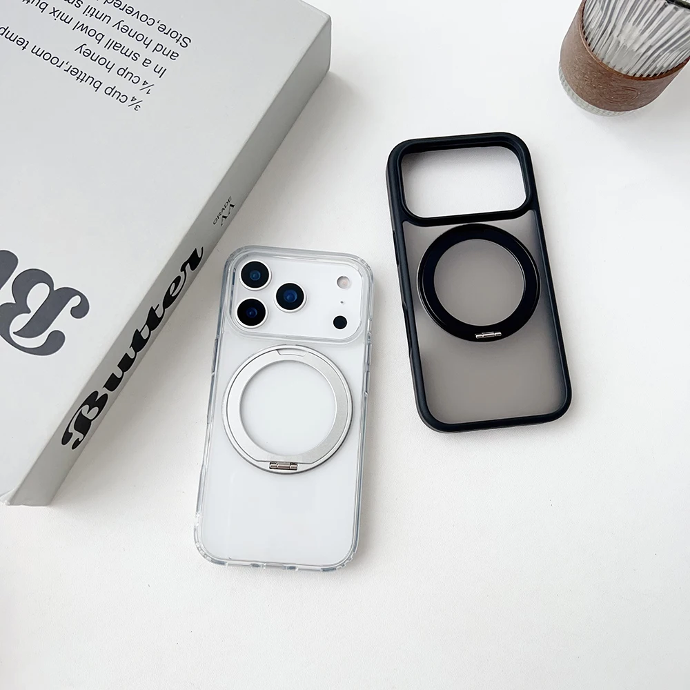 

For iPhone 17 Air Pro Max Case Magsafe Strong Suction Ultra Clear Frosted Black 360° Rotation Metal Stand Airbag Corner Cover