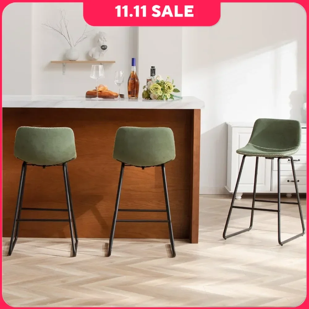 Bar Stools Set of 3, 26 Inch Barstools with Metal Legs Faux Leather Counter Height Bar Stools, Bar Chairs