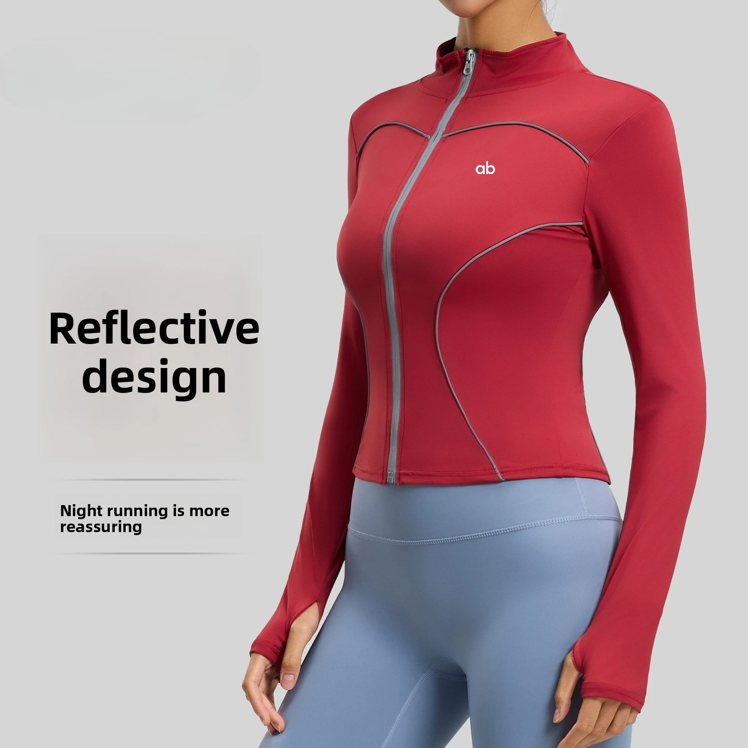 Women Stand Collar Reflective Strips Yoga Jacket UV‑Protection Windproof Slim Fit Night Running Outdoor Sports Coat