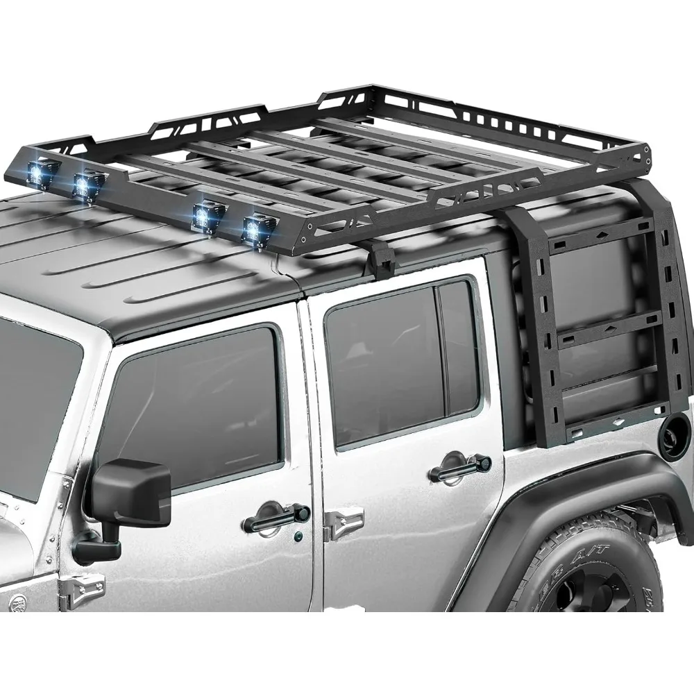 

Roof Rack Cargo Basket Compatible with 2007-2018 Jeep Wrangler JK JKU Unlimited 4 Doors Hardtop with 4 LED Lights & Ladder, Roof