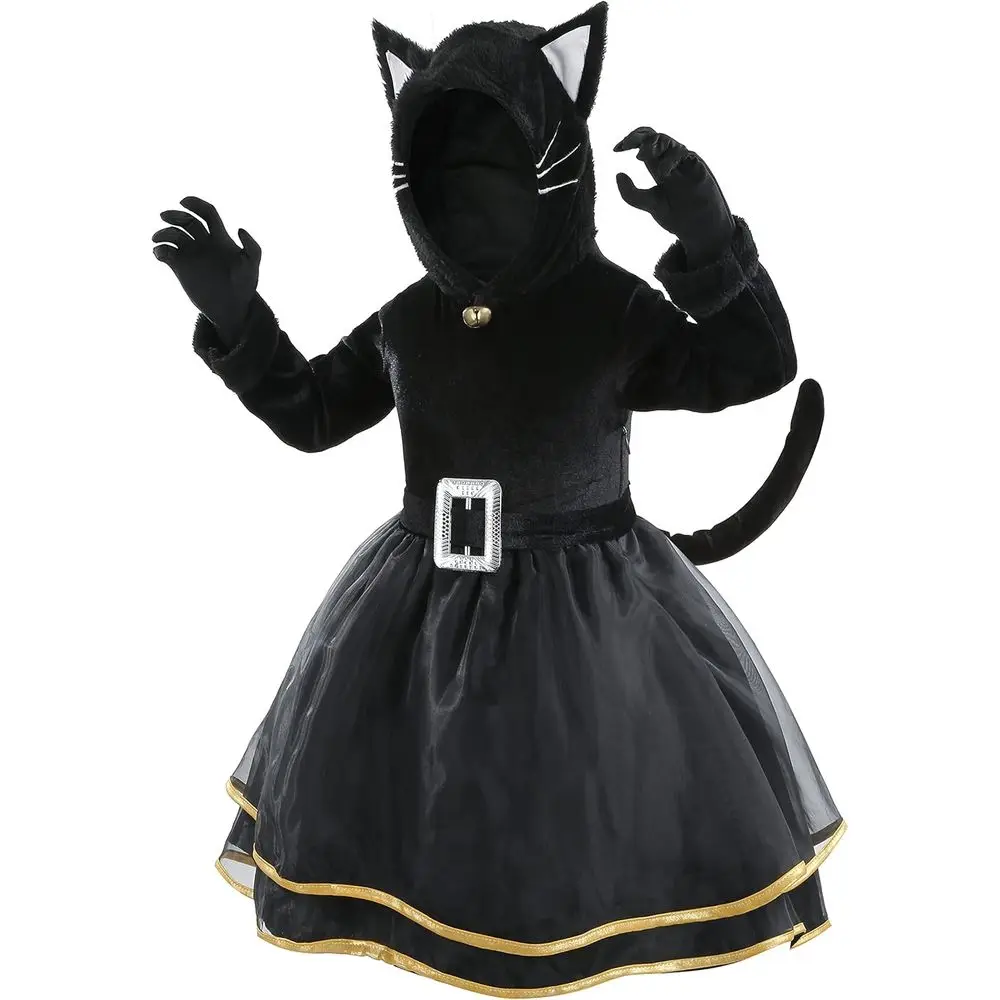 

Костюм кошки для девочек с перчатками и поясом, черный, на Хэллоуин, DrUp