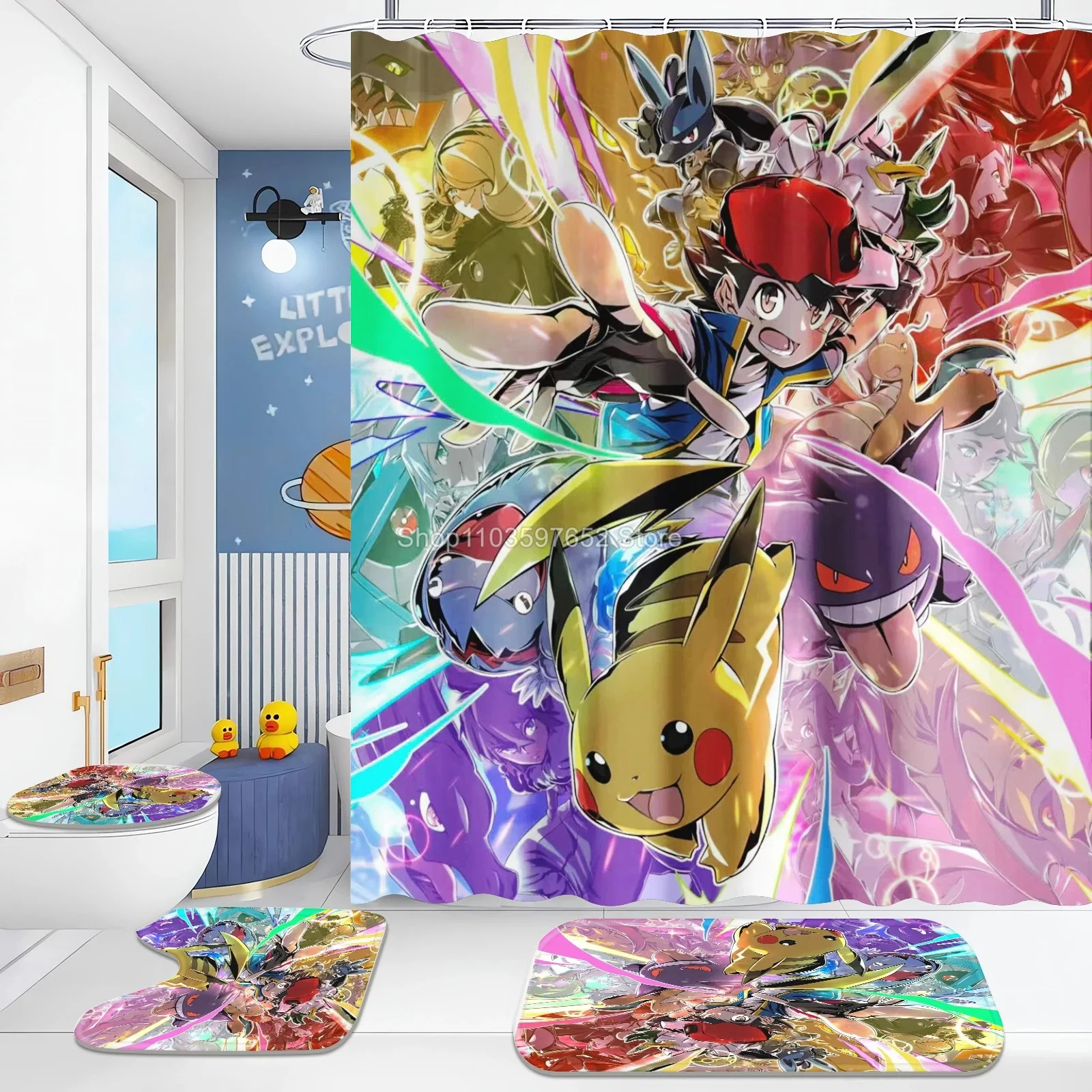 Pokemon Pikachu Charmander Kawaii Anime Cartoon Non-slip Mat Set Waterproof Shower Curtain Pedestal Toilet Cover Bath Mat Rug