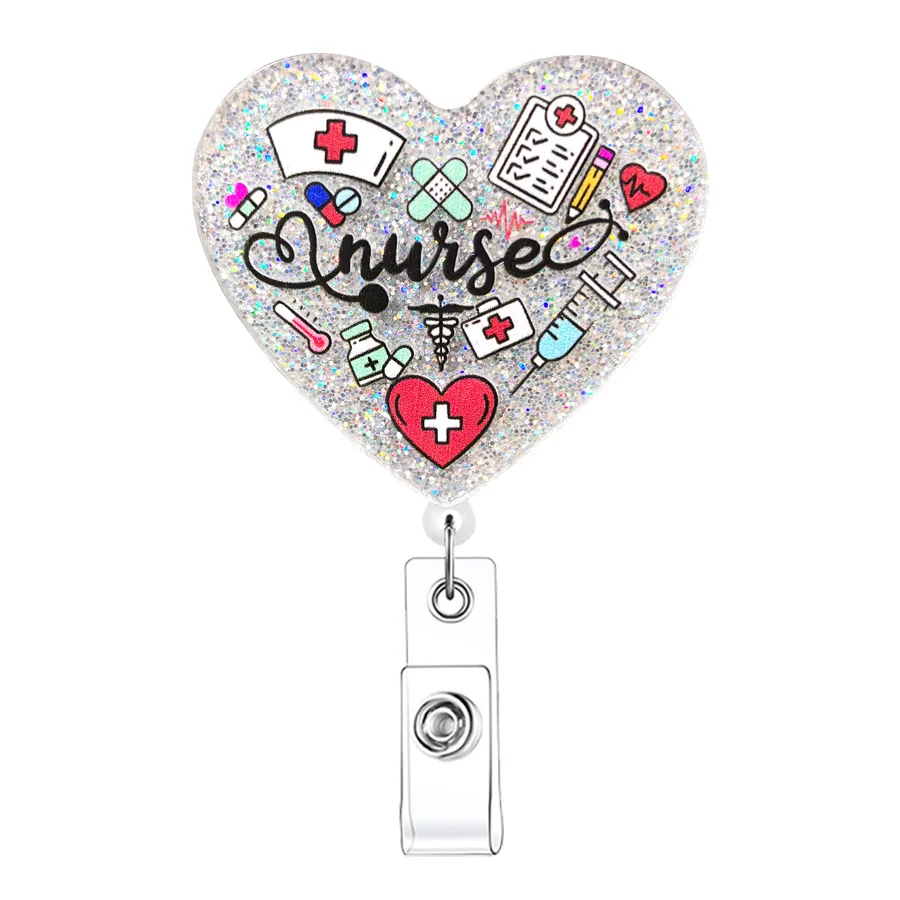 2025 New Design 1 Piece Glitter Acrylic Retractable Nurse Badge Reel Love Heart Anime Name Tag ID Card Holder Alligator Clip view 5
