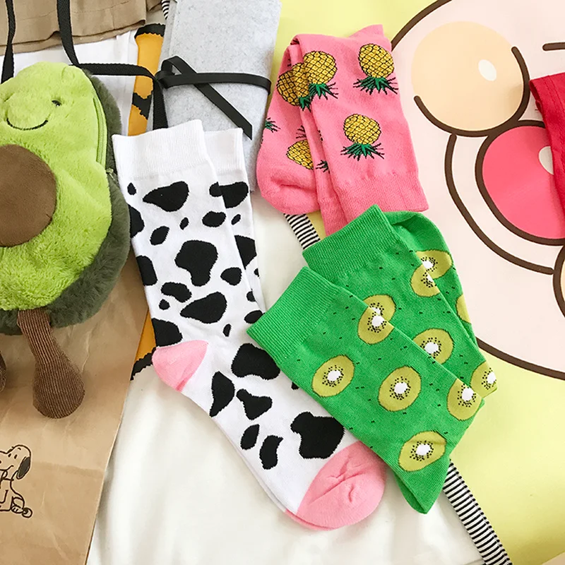 Cute Fruit Pattern Crew Women Socks Cute Kiwi Cow Pineappl Kawaii Happy Funny Green Pink White Mother Gift Yellow Japanese