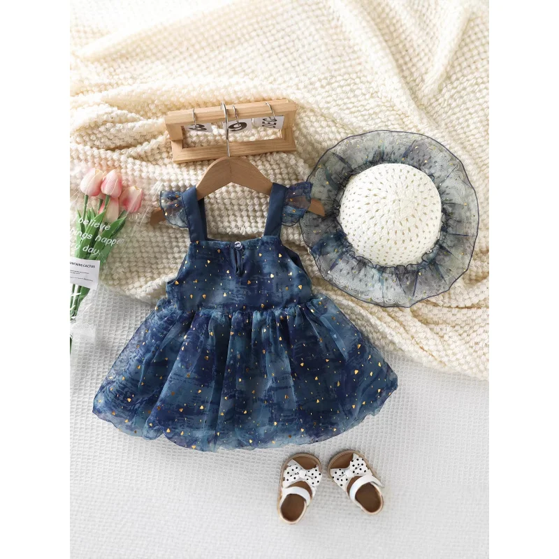 

New Summer Children's Clothing Wholesale Heart-shaped Big Bow Girls' Shimmering Tulle Dress ＋Straw hat one piece