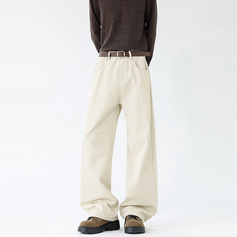 Spring New Men 100% Cotton Straight-Leg Loose Casual Pants High Street Washed Faded Fabric  Korean Versatile Daily Long Trousers